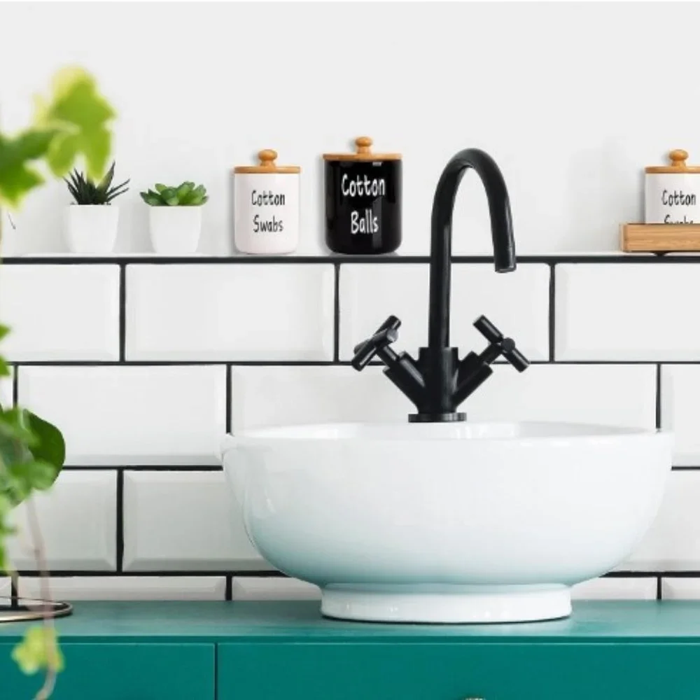 Set of 2 - Ceramic Bathroom Accessory Jars  (2 Sizes/ Black & White)